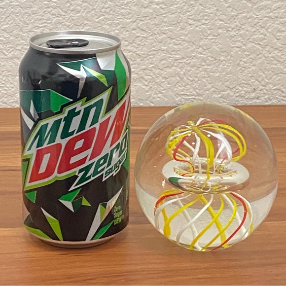 Handblown Art Glass Yellow White & Red Swirl Round Paperweight - Picture 3 of 10